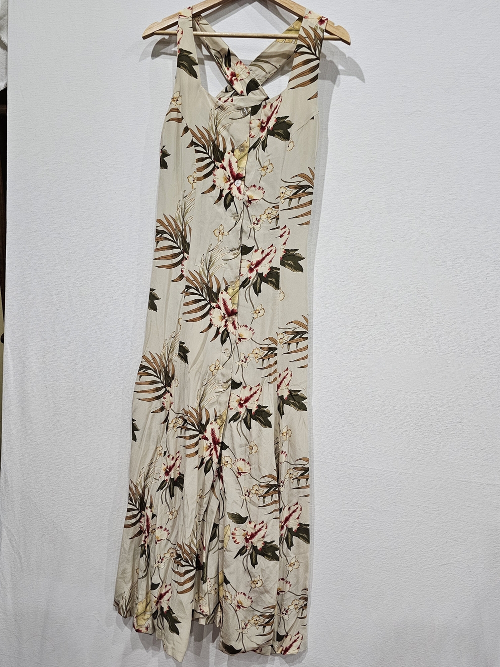 Coldwater Creek 100% Silk FlowyBeige Floral Sleveless Maxi w/ Crossed Straps Y2K